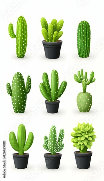 Fototapeta Collection of potted cacti, isolated on white, design element for presentations generative AI
