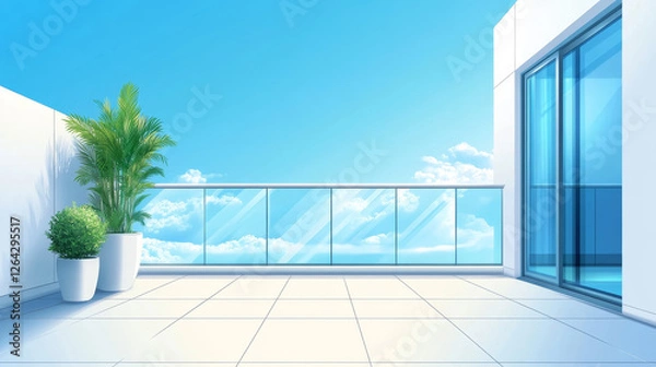 Fototapeta 3d glass balcony with window to home living room, office or hotel room. Empty house terrace with glass railing and view of blue sky, vector realistic illustration