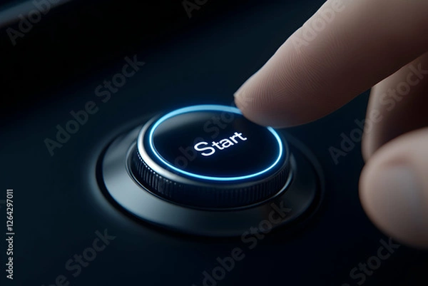 Fototapeta Finger pushes glowing 'Start' button on console. Use business, technology generative AI