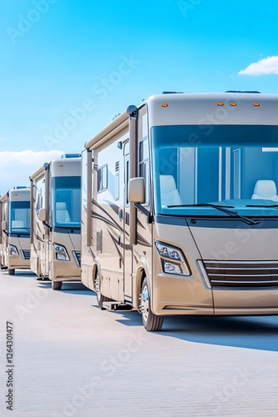 Obraz RVs lined up on paved lot on sunny day for travel, tours, and tourism generative AI