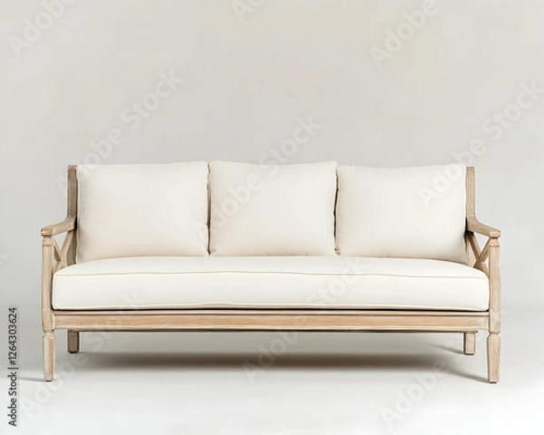 Fototapeta Simple light sofa with pillows on light background for relaxation or home furnishing generative AI