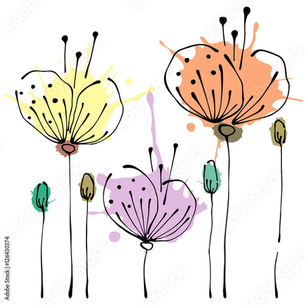 Fototapeta Vector hand drawn floral illustration. Decorative graphic vector drawn flowers.