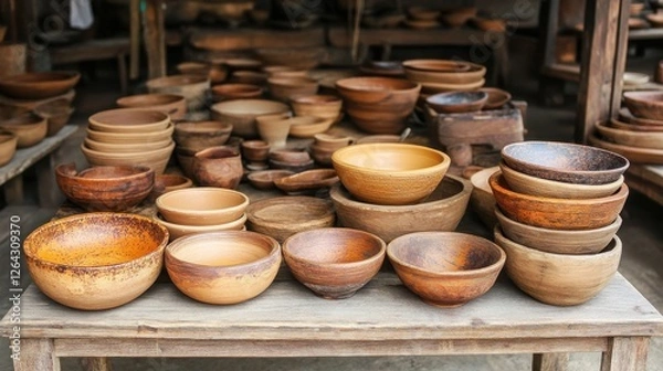 Fototapeta Rustic handcrafted clay bowls and pots on wood. Perfect for rustic, artisanal, or pottery themes.
