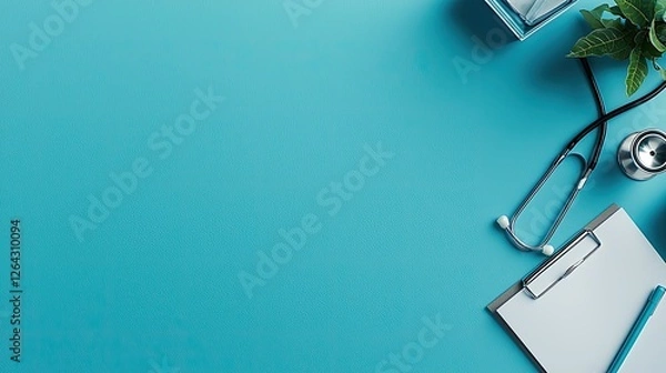 Fototapeta Medical workspace with stethoscope, clipboard, and plant on a vibrant blue background