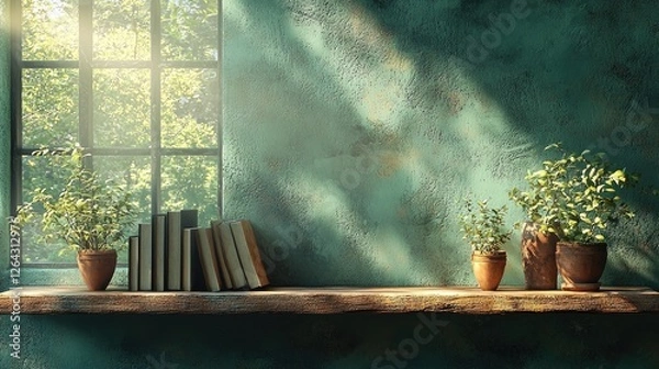Fototapeta A serene indoor scene featuring a wooden shelf with books and potted plants beside a sunlit window