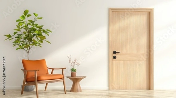 Fototapeta Modern interior with a wooden door, stylish chair, and potted plants in a bright room