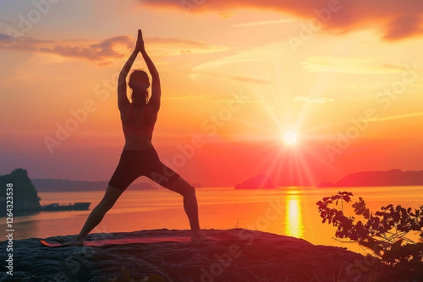 Fototapeta Yoga practice at sunset with beautiful sky hues and peaceful nature background. Ideal for concepts of wellness, balance, and natural living in a serene atmosphere