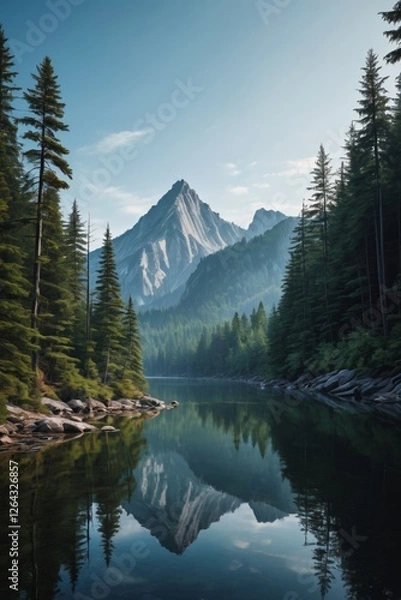 Fototapeta there is a painting of a mountain with a lake in the foreground