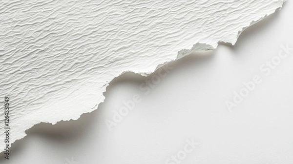 Fototapeta Close-up of textured white paper with a torn edge against a smooth white background
