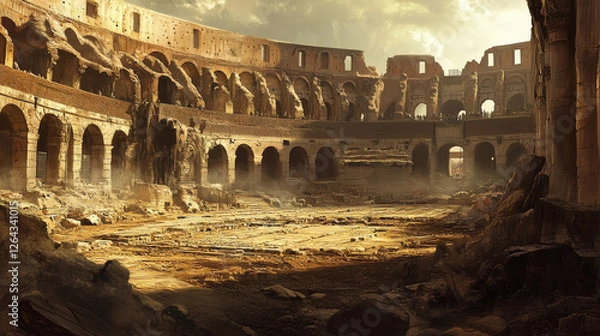 Fototapeta Ancient roman arena for gladiators fight. Vector cartoon illustration of empty Coliseum amphitheater for battle between warriors, barbarian and spartans. Historical fighting arena for traditional show