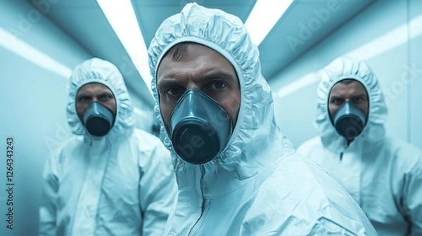 Obraz Three Individuals in Protective Gear with Gas Masks in a Modern Industrial Environment, Capturing Themes of Safety, Contamination, and Urgency in a Sterile Setting