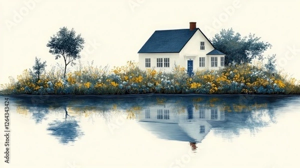 Obraz Tranquil Scene of a Charming White House Surrounded by Vibrant Wildflowers and Serene Reflections on Calm Water, Evoking Peaceful Rural Living and Nature's Beauty