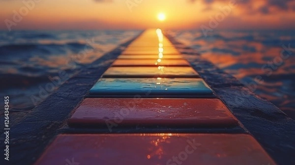 Obraz Tranquil Sunset Over Ocean Waves with Colorful Tiles Leading to Horizon in Evocative Coastal Landscape at Dusk