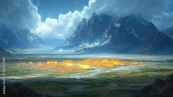 Obraz Vast Landscape with Golden Glow of an Enigmatic Settlement Below Majestic Mountains and Dramatic Clouds in a Serene Wilderness Scene