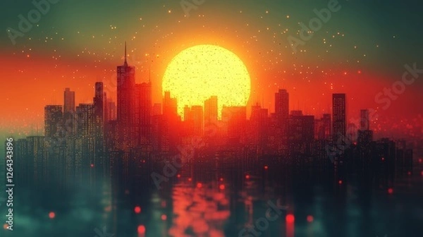 Obraz Vibrant Sunset Over a City Skyline with Silhouetted Buildings and Reflective Water, Creating a Dreamlike Atmosphere with Warm Color Tones