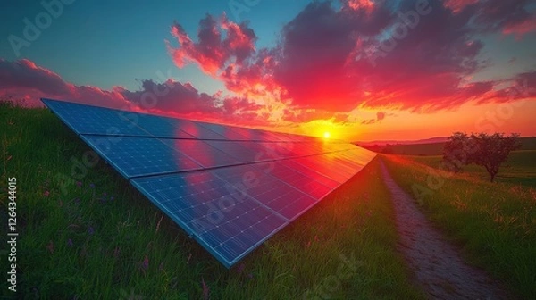 Obraz Vibrant Sunset Over Solar Panels in a Scenic Landscape with Lush Green Grass and Colorful Sky