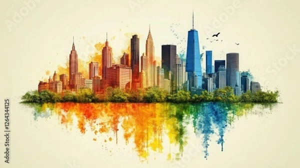 Obraz Vibrant Urban Skyline with Abstract Watercolor Splashes Reflecting on Tranquil Water, Showcasing Iconic Skyscrapers Against a Warm Color Palette