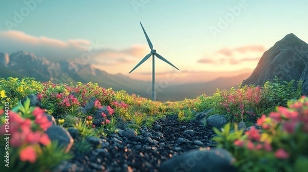 Obraz Wind Turbine Surrounded by Vibrant Wildflowers on a Clear Morning in a Scenic Landscape with Mountains and Soft Pastel Sky