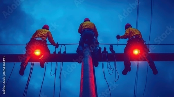 Obraz Workers Repairing Power Lines at Dusk with Bright Red Warning Lights Illuminating the Scene Under a Dramatic Blue Sky