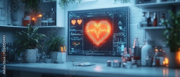 Fototapeta Futuristic Health Monitoring System with Heartbeat Display and Plants