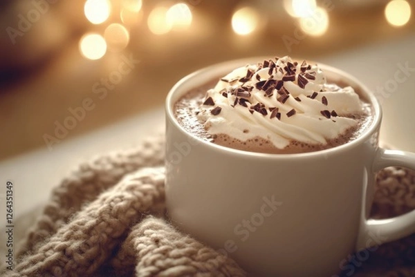Fototapeta Warm Cup of Hot Chocolate with Whipped Cream and Chocolate Shavings