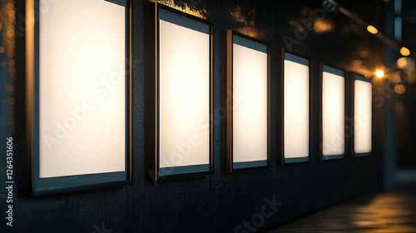 Fototapeta Black movie posters mockup. Blank picture frames on dark wall background in cinema, theater, museum or gallery interior. Empty advertising banners with border and backlight realistic 3d vector mock up