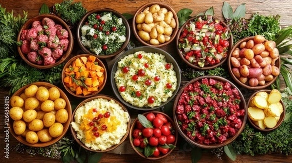 Fototapeta Exquisite arrangement of fresh vegetables and garnishes in rustic bowls on wooden table