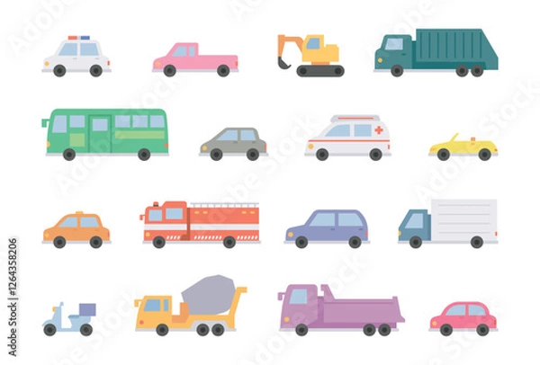 Obraz A collection of flat vector illustrations of various vehicles, including cars, trucks, buses, taxis, emergency vehicles, and construction machines. Cute and colorful designs suitable for children