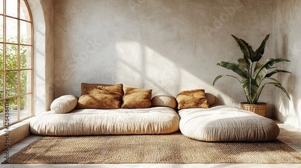 Fototapeta Cozy living room with large pillows, natural light streaming through windows, and lush greenery