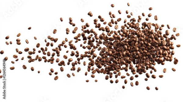 Fototapeta Flying roasted coffee beans scattered on white background in dynamic composition. Brown aromatic grains motion pattern with blurred elements for cafe menu banner or product packaging design.