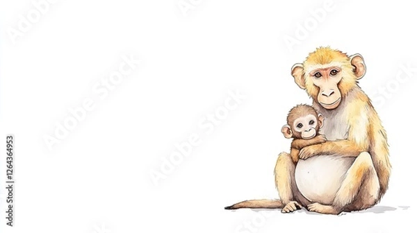 Fototapeta A mother monkey lovingly embraces her baby in a serene, minimalist setting, showcasing family bonds