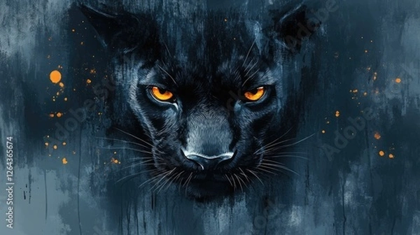 Fototapeta Intense close-up of a panther's face with striking orange eyes against a dark, abstract background