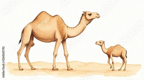 Fototapeta Illustration of a mother camel and her calf in a desert landscape with soft sand and warm colors