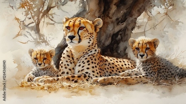 Fototapeta Cheetah family resting under a tree in a serene savanna, showcasing wildlife in natural habitat