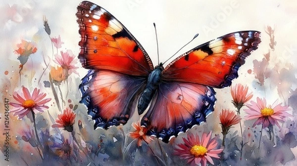 Fototapeta Vibrant butterfly perched on colorful flowers in a serene garden setting with soft light