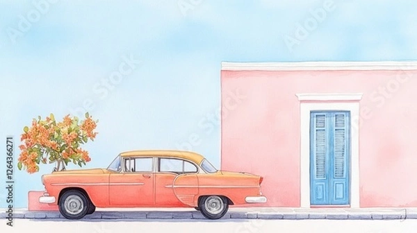 Fototapeta Vintage car parked beside a colorful building with a blooming tree under a clear sky