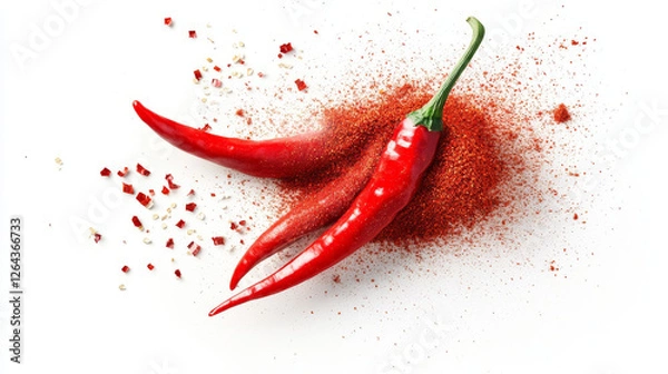 Fototapeta Chili pepper powder splash, spicy burst, dust or red color explosion on white background. Chilli or paprika spice splatters, paint clouds design elements isolated on white background, Realistic 3d