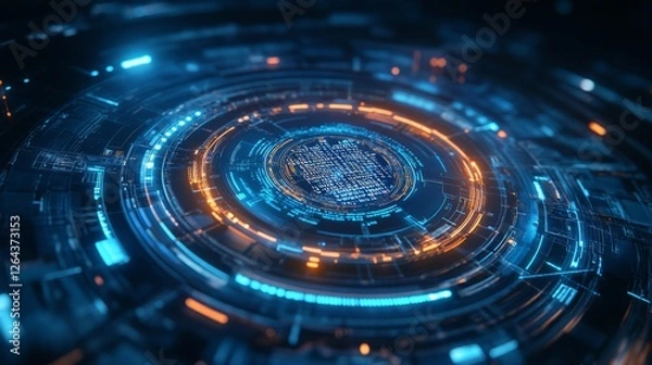 Fototapeta Hi-Tech Abstract Background With Circular Glowing Lines And Data. Future Tech, AI And Machine Learning Concept.