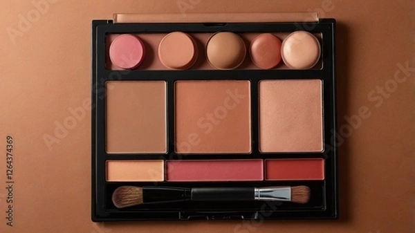 Fototapeta Makeup palette and lipstick with brush on a table and brown background