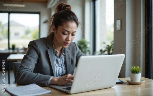 Fototapeta A professional woman working diligently on her laptop in a modern office setting filled with greenery.