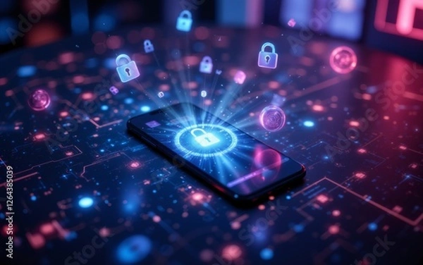 Fototapeta An artistic representation of digital security with a smartphone and lock icons in a vibrant, tech-inspired setting.