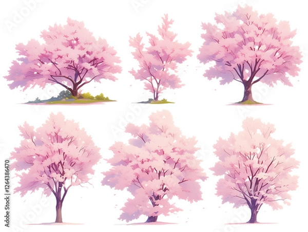 Obraz 桜の木のイラストセット｜柔らかい色合いの春デザイン