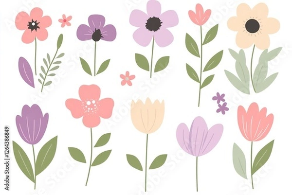 Fototapeta Collection of spring colorful flower elements vector. Set floral of wildflower, leaf branch, foliage on white background. Hand drawn blossom illustration for decor, easter, sticker, clipart, print.