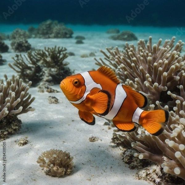 Obraz A bright orange clownfish with white stripes swimming in an invisible ocean against a white background.