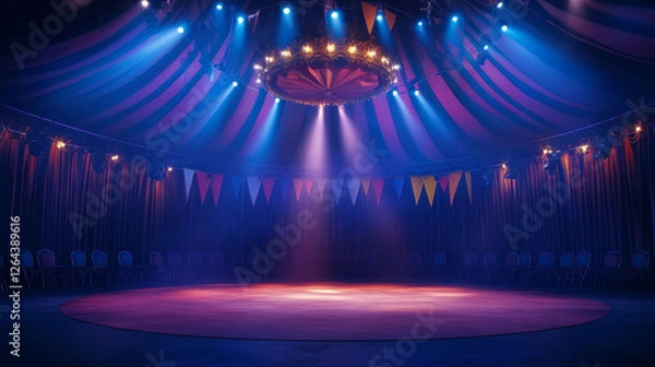 Fototapeta Circus arena, round stage for performance, carnival show. Vector cartoon empty interior inside of cirque tent with scene, seats, flags and searchlights