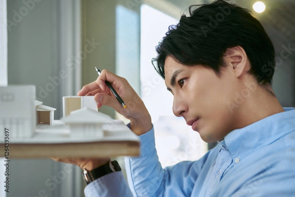 Obraz 大学の工学部の建築学科の教室で建築模型を作り建築の設計を学ぶ男性の学生