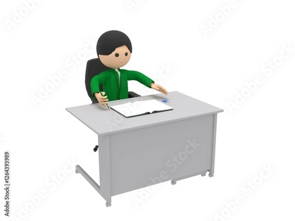 Obraz 鉛筆を手に持ってノートに書いている、机の前のビジネスマン