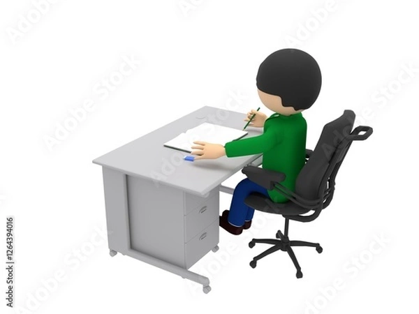 Obraz 鉛筆を手に持ってノートに書いている、机の前のビジネスマン