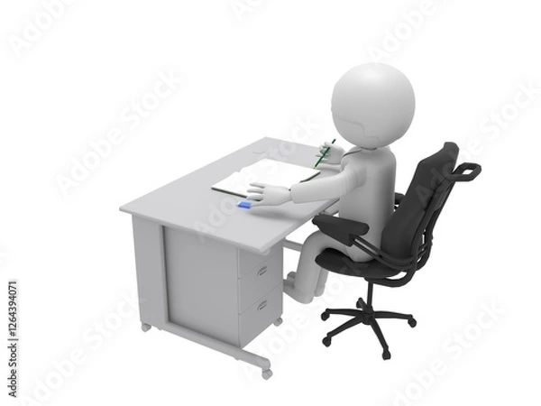 Obraz 鉛筆を手に持ってノートに書いている、机の前のビジネスマン