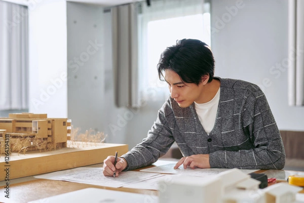 Obraz 建築模型を横に大規模な不動産開発の為の計画図を書く建築士の1人の男性